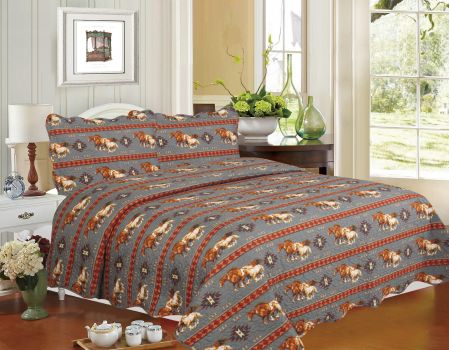 47467: 3PC QUEEN Size Quilted Gray Running Horse Quilt Set Primary Showman Saddles and Tack
