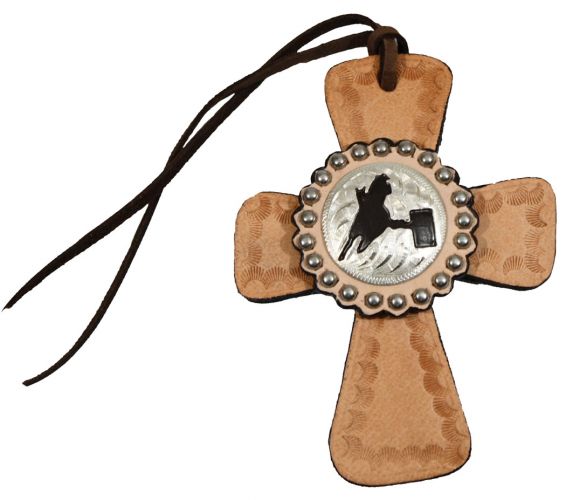 4863: Tie on leather cross with silver barrel racer concho Primary Showman Saddles and Tack