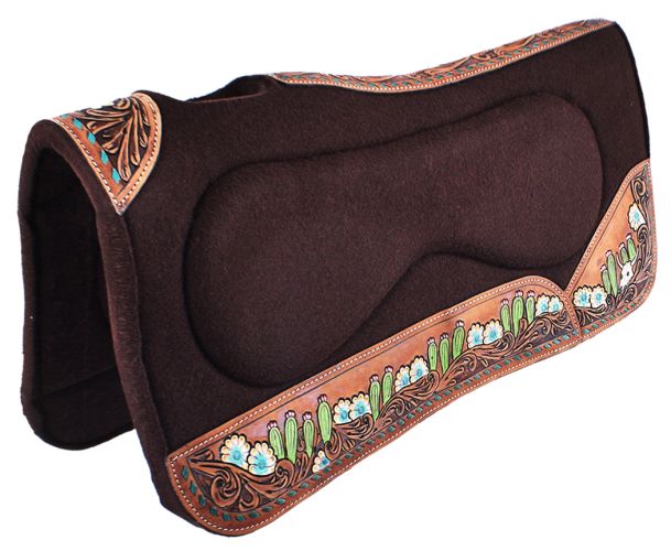 4909: Showman ® 32" x 31" x 1" Brown Built Up Felt Saddle Pad with Hand Painted flower, steer skul Western Saddle Pad Showman
