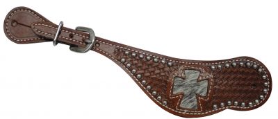 4927: Showman™ ladies spur strap with hair on cowhide inlay cross design Spur Straps Showman