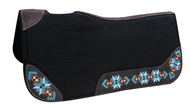 4956: Showman® 32" X 31" X 1" Black felt contoured pad with embroidered wear leathers Western Saddle Pad Showman
