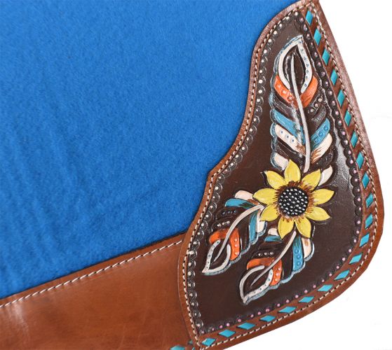 4987: Showman ® 31" x 32" x 1" Turquoise felt saddle pad with hand painted sunflower and feather d Western Saddle Pad Showman