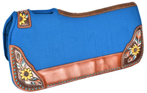 4987: Showman ® 31" x 32" x 1" Turquoise felt saddle pad with hand painted sunflower and feather d Western Saddle Pad Showman