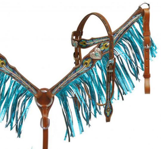 4990: This set features medium double stitched leather accented with a metallic and painted peacoc Headstall & Breast Collar Set Showman Saddles and Tack