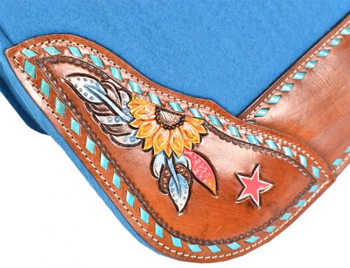 4990X: Showman ® 31" x 32" x 1" Turquoise felt saddle pad with hand painted sunflower, feather, an Western Saddle Pad Showman