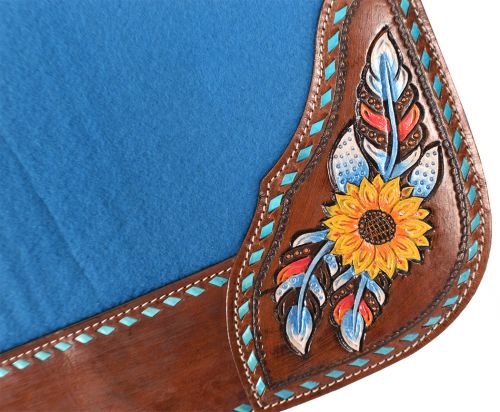 4990X: Showman ® 31" x 32" x 1" Turquoise felt saddle pad with hand painted sunflower, feather, an Western Saddle Pad Showman
