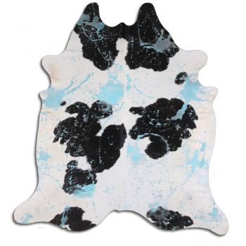 5095: LG/XL Brazilian Aqua Splatter Distressed Black / White cowhide rugs Primary Showman Saddles and Tack
