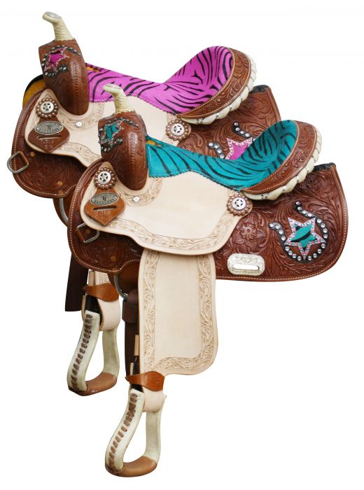 510713: 13" Double T Youth/ Pony Saddle with Hair On Zebra Print Seat and Horse Shoe and Star Acce Youth Saddle Double T