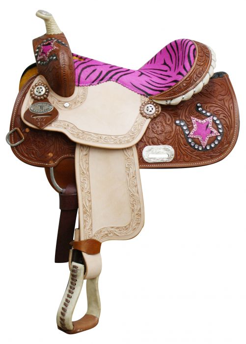 510713: 13" Double T Youth/ Pony Saddle with Hair On Zebra Print Seat and Horse Shoe and Star Acce Youth Saddle Double T