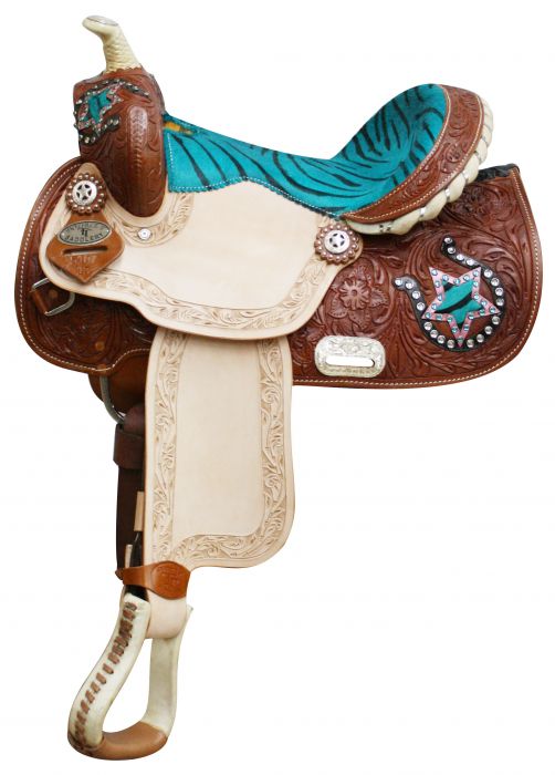 510713: 13" Double T Youth/ Pony Saddle with Hair On Zebra Print Seat and Horse Shoe and Star Acce Youth Saddle Double T