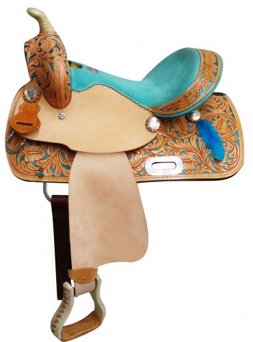 5213: 13" Double T Youth saddle with painted feather accents Youth Saddle Double T