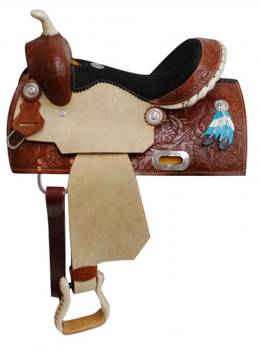 5219: 13" Double T Youth saddle with painted feather accents Youth Saddle Double T