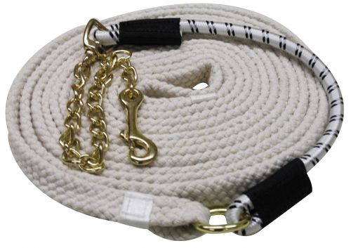522618-1: 25' long flat braided cotton lunge line with 20" brass chain and 18" bungee tie Primary Showman Saddles and Tack