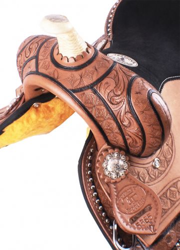 536512: 12" Double T Youth Barrel Style Saddle with hand floral tooling Youth Saddle Double T