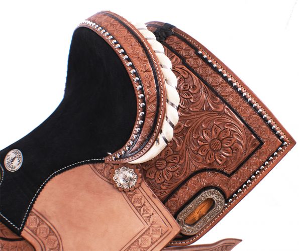 536512: 12" Double T Youth Barrel Style Saddle with hand floral tooling Youth Saddle Double T