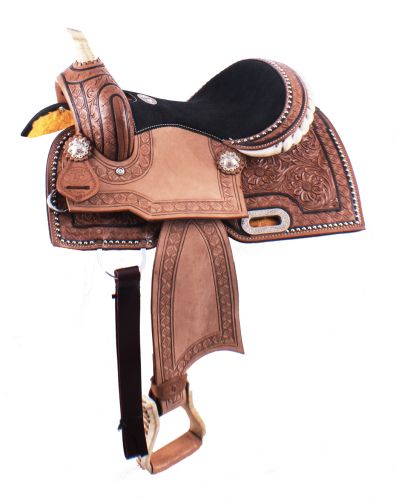 536512: 12" Double T Youth Barrel Style Saddle with hand floral tooling Youth Saddle Double T