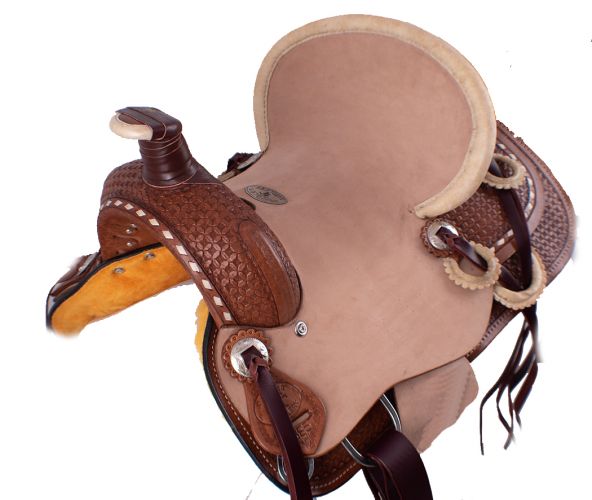 5385: 12" Double T hard seat roper style saddle with basket weave tooling with raw hide accents Youth Saddle Double T