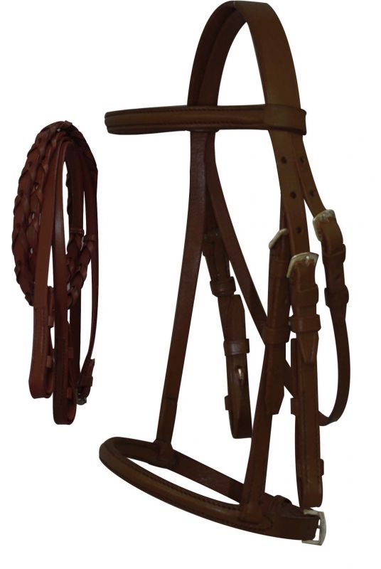 5900P: Pony Size English headstall with raised browband and braided leather reins Primary Showman Saddles and Tack