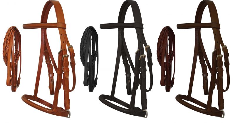 5900P: Pony Size English headstall with raised browband and braided leather reins Primary Showman Saddles and Tack