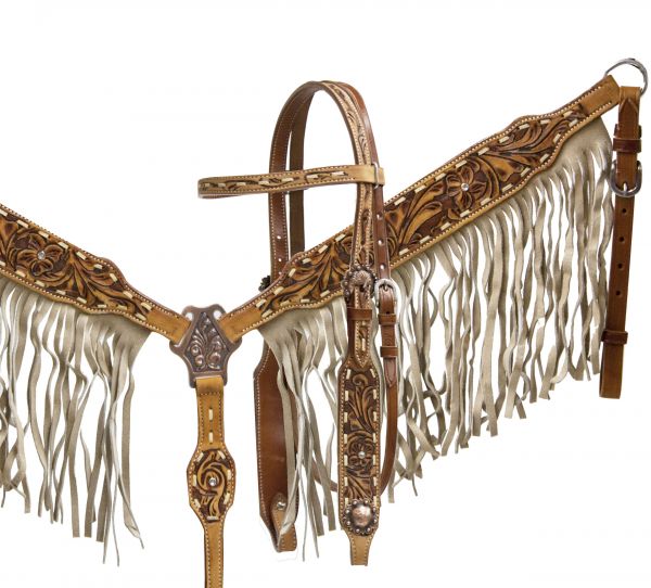 6014: Showman ® double stitched leather headstall and breast collar set with tan suede fringe and Headstall & Breast Collar Set Showman