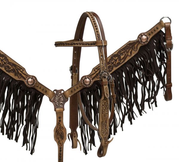 6015: Showman ® double stitched leather headstall and breast collar set with brown suede fringe an Headstall & Breast Collar Set Showman