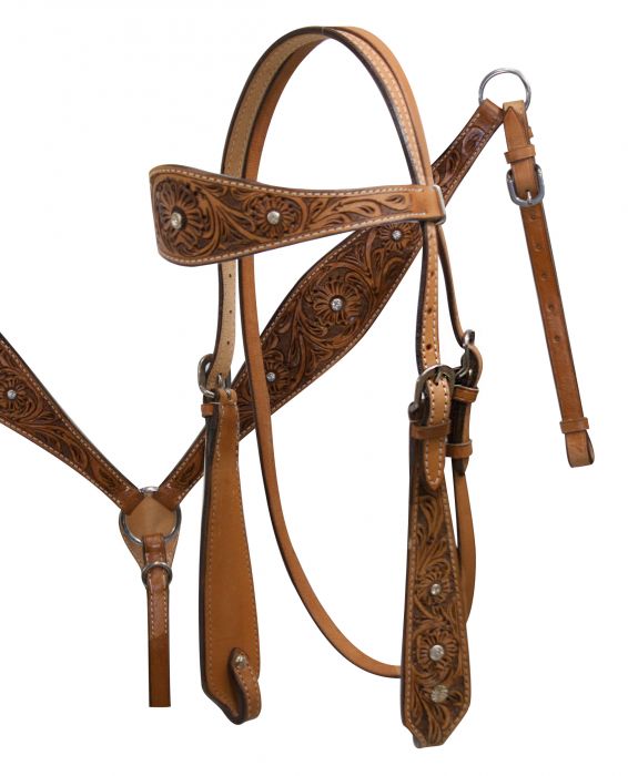 6480SET: Double Stitched Leather Headstall with Floral Tooling Headstall & Breast Collar Set Showman Saddles and Tack