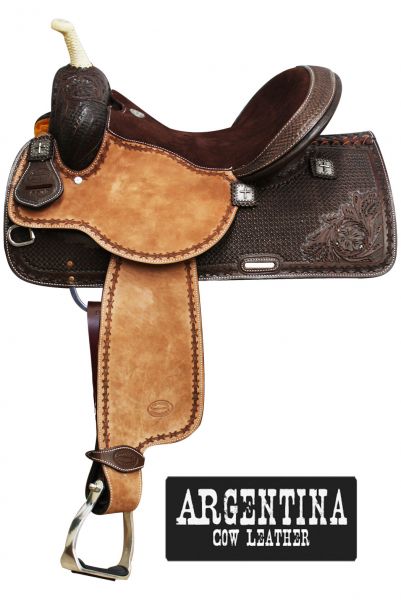 6532: This saddle features square tooling on skirts and pommel and cantle with medium color rough Primary Showman