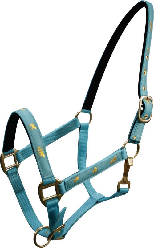 6550H: Horse size nylon halter with "running horse" overlay Nylon Halter Showman Saddles and Tack