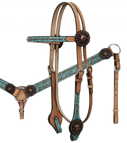 6576SET: Showman ® Light Oil Filigree Headstall and Breast Collar Set with Copper Rosette Conchos Headstall & Breast Collar Set Showman   