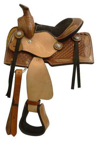 66808: 8" pony saddle with a tooled feather design Primary Showman Saddles and Tack