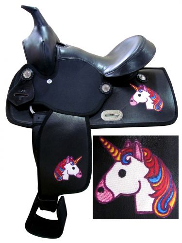 679112: 12" Economy synthetic saddle with Rainbow Unicorn print Youth Saddle Showman Saddles and Tack
