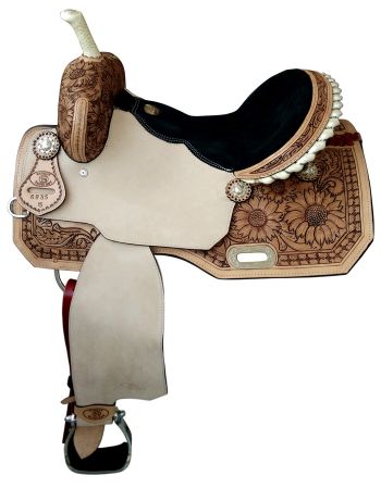 6935: 14",15",16" Circle S Barrel saddle set with Sunflower tooling and matching Bridle & BC Set Barrel Saddle Circle S