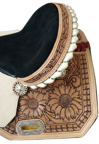 6935: 14",15",16" Circle S Barrel saddle set with Sunflower tooling and matching Bridle & BC Set Barrel Saddle Circle S