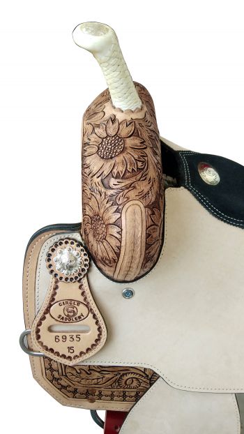 6935: 14",15",16" Circle S Barrel saddle set with Sunflower tooling and matching Bridle & BC Set Barrel Saddle Circle S