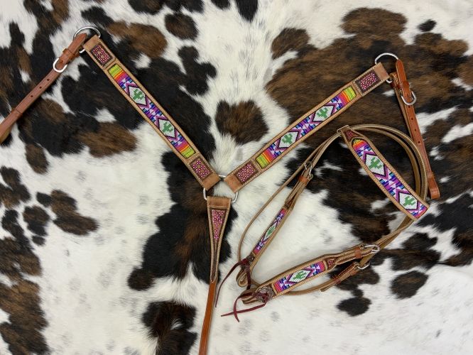 7002: Showman ® Cactus and Serape Print Beaded headstall and breast collar set Headstall & Breast Collar Set Showman