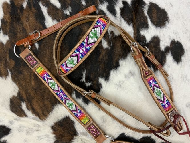 7002: Showman ® Cactus and Serape Print Beaded headstall and breast collar set Headstall & Breast Collar Set Showman
