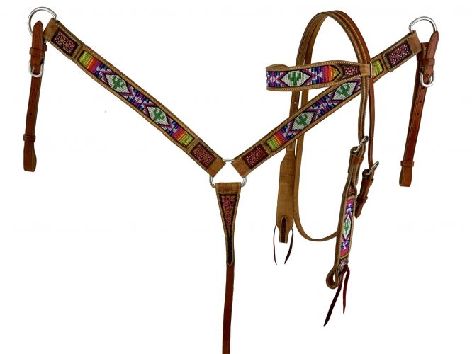 7002: Showman ® Cactus and Serape Print Beaded headstall and breast collar set Headstall & Breast Collar Set Showman
