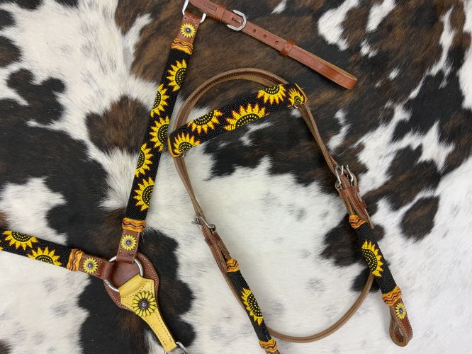 7004: Showman™ Medium oil  leather browband headstall with beaded sunflower design Headstall & Breast Collar Set Showman