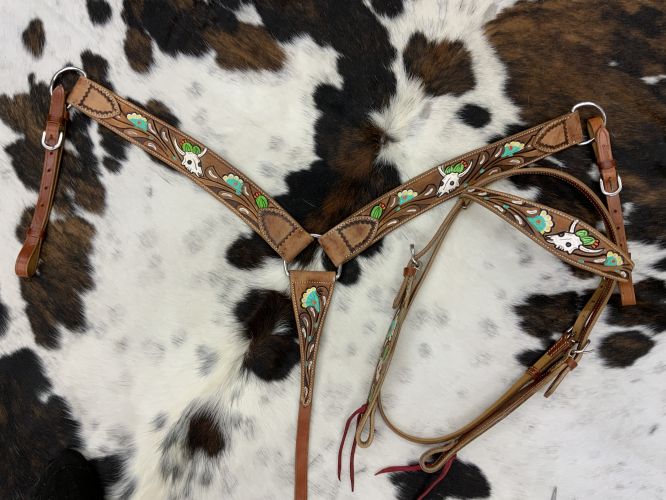 7005: Showman ® Hand painted skull, flower and cactus headstall and breast collar set Headstall & Breast Collar Set Showman