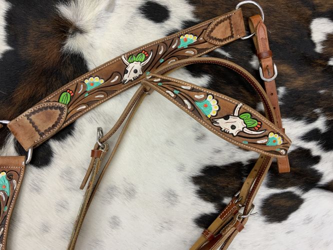 7005: Showman ® Hand painted skull, flower and cactus headstall and breast collar set Headstall & Breast Collar Set Showman