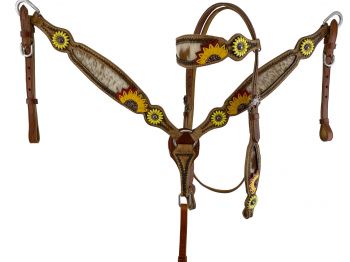 7012: Showman ® Half Moon Tooled Medium Leather Browband headstall and breastcollar set with cowhi Headstall & Breast Collar Set Showman