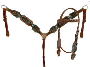 7019: Showman® Browband Leather Headstall and breast collar set with southwest beaded inlay Headstall & Breast Collar Set Showman