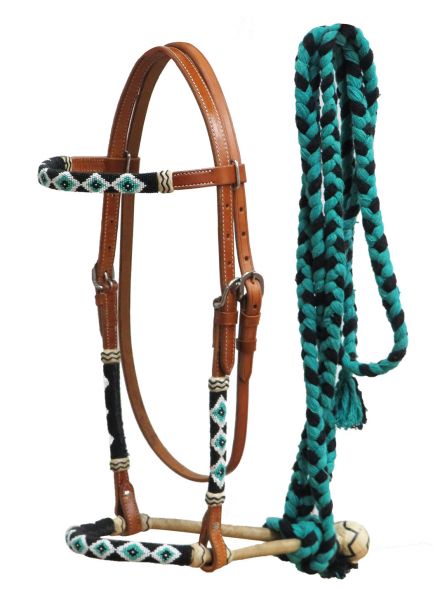 7020: Showman® Leather bosal headstall with beaded overlays and teal cotton mecate reins Headstall Showman