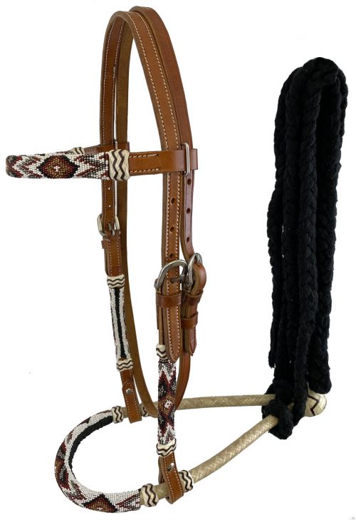 7021: Showman® Leather bosal headstall with southwest design beaded overlays and black cotton meca Headstall Showman