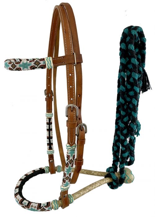 7022: Showman® Leather bosal headstall with southwest design beaded overlays and black/teal cotton Headstall Showman