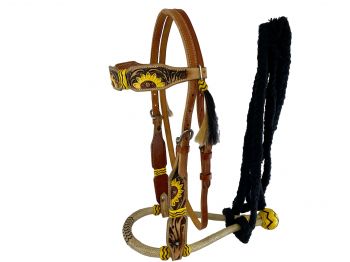 7030: Showman® Leather bosal headstall with sunflower painted design on medium leather and black c Headstall Showman