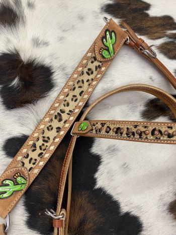 7042: Showman ® Hand Painted Cactus Brow band Headstall and Breast collar Set with cheetah hair ac Headstall & Breast Collar Set Showman