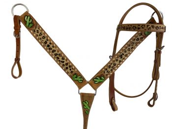 7042: Showman ® Hand Painted Cactus Brow band Headstall and Breast collar Set with cheetah hair ac Headstall & Breast Collar Set Showman