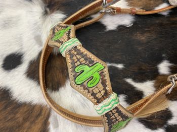 7045: Showman® Leather bosal headstall with cactus painted design on medium leather and white cott Headstall Showman
