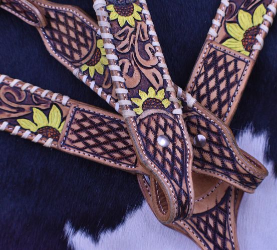 7047X: Showman ® Hand Painted Sunflower One Ear Headstall and Breastcollar Set Headstall & Breast Collar Set Showman